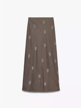 Zara brown linen Embroidered A-line Maxi Skirt.